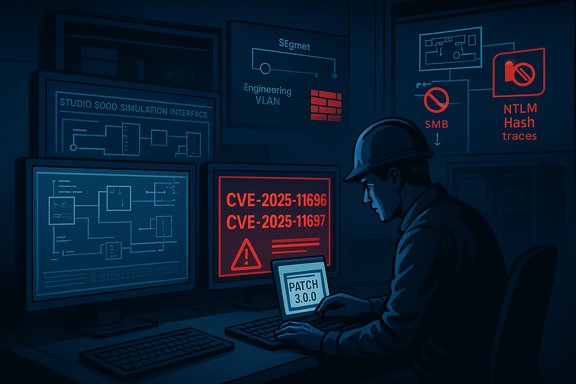 Security engineer patches CVEs (CVE-2025-11696/11697) on a multi-monitor setup.