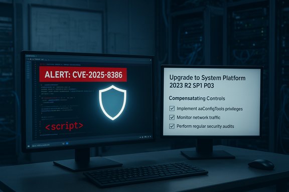 Cybersecurity setup with a CVE-2025-8386 alert on one monitor and a system upgrade checklist on the other.