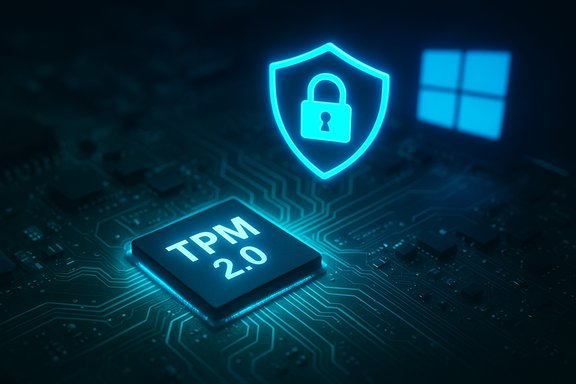 Blue-glowing TPM 2.0 security chip on a circuit board, with a shield icon and Windows logo.