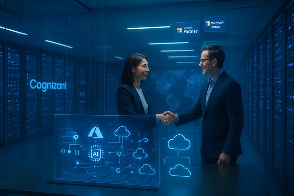 Two professionals shake hands in a blue-lit data center, with holographic AI and cloud graphics.