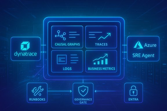 Neon diagram linking Dynatrace and Azure SRE Agent via causal graphs, traces, logs, metrics, runbooks and governance.