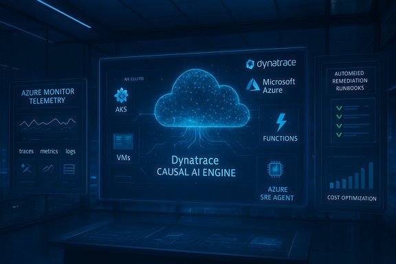 Blue holographic dashboard showing Dynatrace Causal AI Engine connected to cloud services.