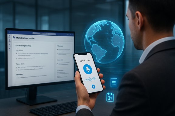 A businessman uses a voice assistant on his phone beside a holographic globe during a futuristic meeting.