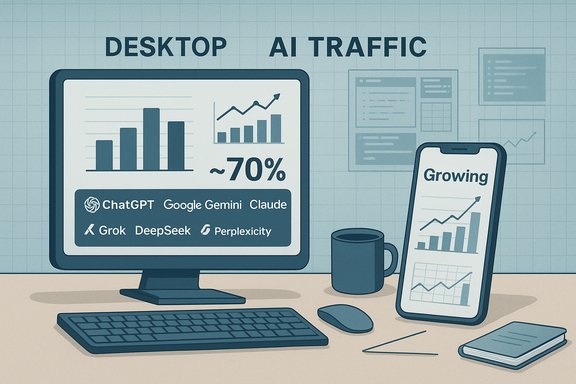 Desk setup displaying AI-traffic charts on a monitor and a smartphone.