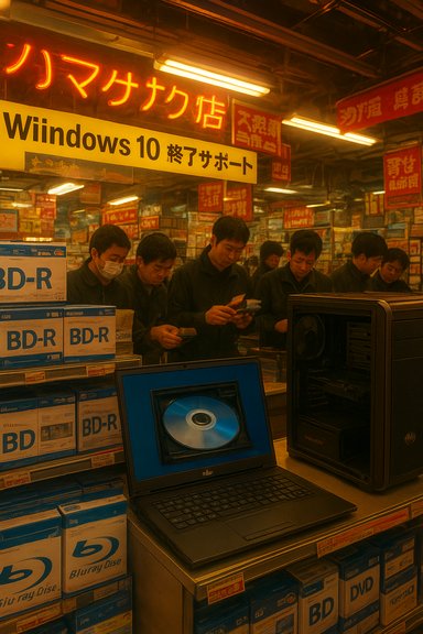 Busy electronics shop in Japan with a Windows 10 end-of-support sign and shoppers browsing Blu-ray/DVD media.