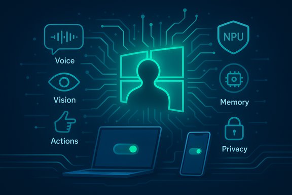 Neon AI concept art showing a circuit-silhouette with voice, vision, memory and privacy icons.