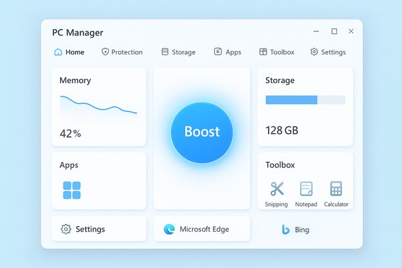 A modern PC Manager dashboard with a prominent blue Boost button and memory, storage, and apps tiles.