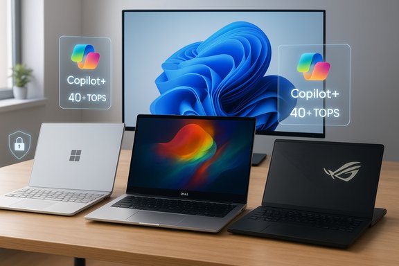 Three laptops on a desk in front of a large monitor, with Copilot+ 40+ TOPS badges.