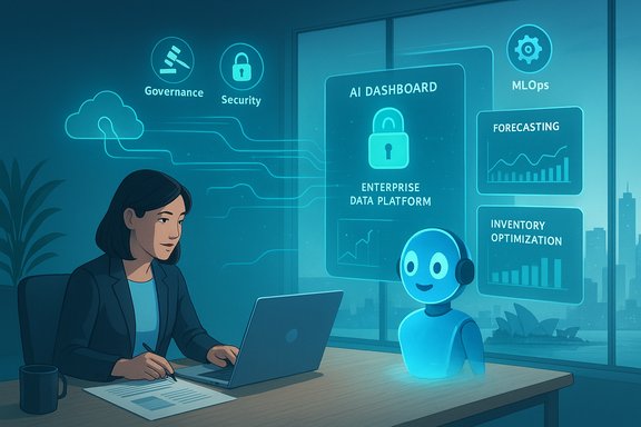 A businesswoman works on a laptop beside a friendly AI robot, viewing a glowing enterprise data dashboard.