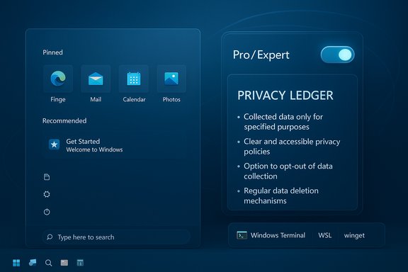 A futuristic Windows UI featuring pinned apps and a Privacy Ledger panel.