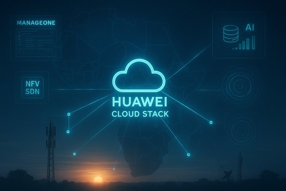 Huawei Cloud Stack: cloud-network visualization over a world map.