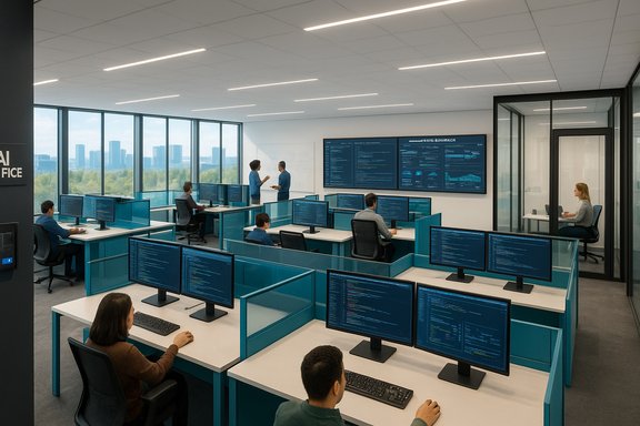 A modern open-office operations center with rows of desks, many monitors, and a large data dashboard wall.