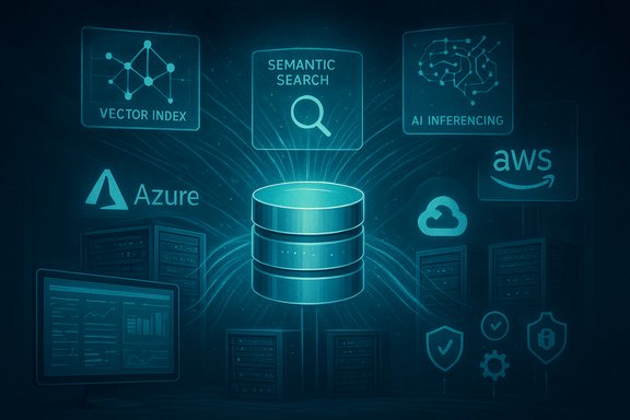 Central database hub connected to Azure, AWS and AI tools for semantic search and analytics.