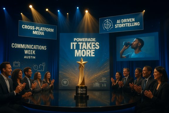 Zenith Awards ceremony: a golden trophy atop a round table, as a group of professionals applauds.