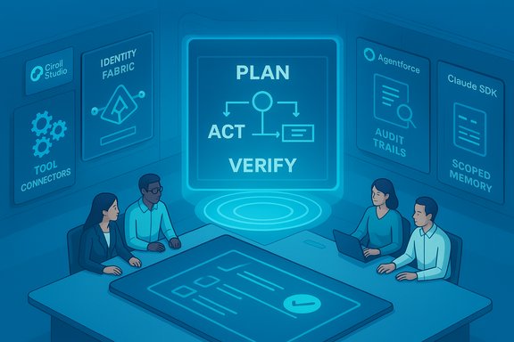 Team of four reviews a holographic Plan-Act-Verify display in a futuristic control room.