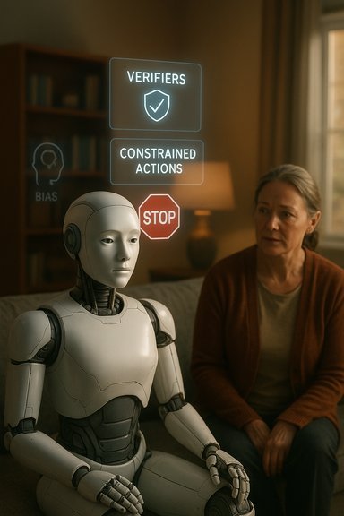 A humanoid robot and an elderly woman examine holographic prompts about verifiers, constrained actions, and stop.