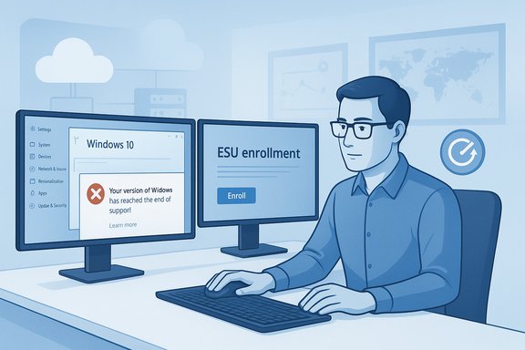 IT professional at a desk with dual monitors showing Windows 10 end-of-support and ESU enrollment.