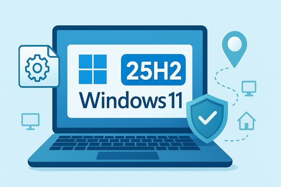 Windows 11 25H2 update shown on a laptop with a security shield.