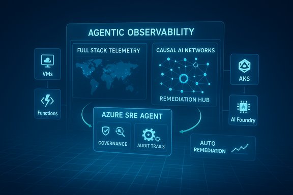 Blue holographic dashboard showing Agentic Observability with telemetry, AI networks, and Azure SRE agent tools. Blue holographic dashboard showing Agentic Observability with telemetry, AI networks, and Azure SRE agent tools.