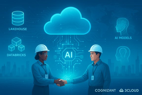 Two professionals in hard hats shake hands under a glowing AI cloud and data icons.