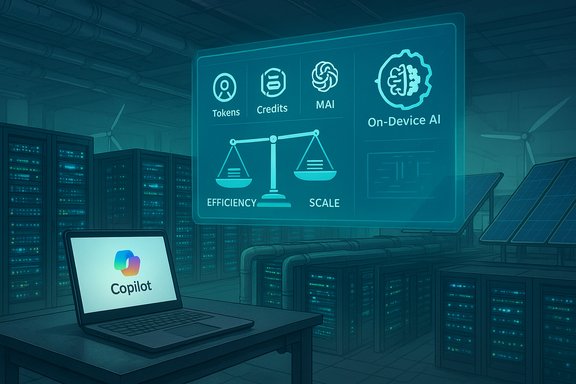 Data center scene with a Copilot laptop and a holographic AI dashboard showing efficiency and on-device AI.
