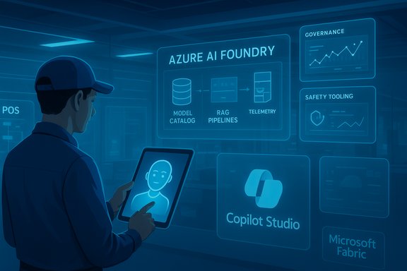 A worker uses a tablet to view Azure AI Foundry dashboards and metrics.
