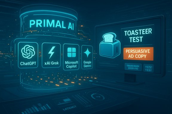 Futuristic neon AI hub 'PRIMAL AI' with ChatGPT, xAI Grok, Copilot, Gemini, and a Toaster Test for ad copy.