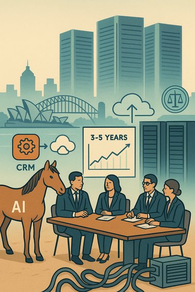 Executives in a meeting analyze AI-driven CRM growth with a rising 3-5 year chart.