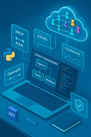 Blue illustration of a cloud-based agent framework with tools, telemetry, and APIs.