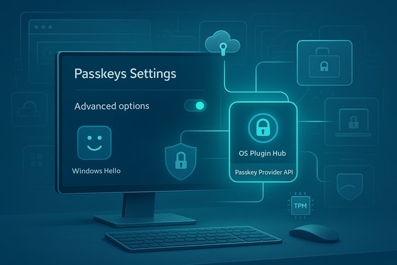 Monitor shows Passkeys Settings with Windows Hello and OS Plugin Hub.