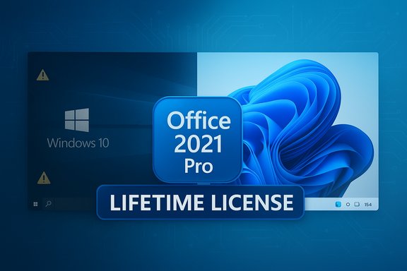 Windows 10 desktop with a promo for Office 2021 Pro lifetime license.