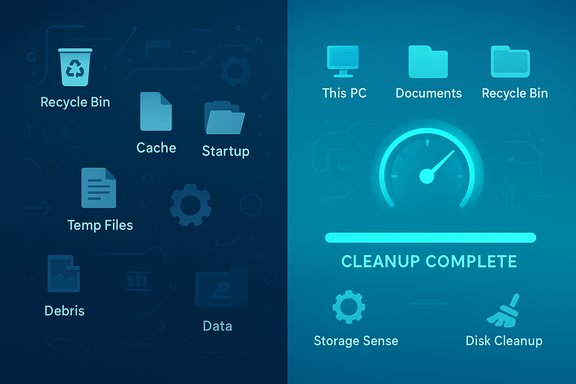 Split-screen PC cleanup UI: junk items on the left and a “CLEANUP COMPLETE” gauge on the right.