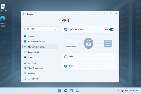 Windows Settings VPN page with Office – IKEv2 toggle turned On.