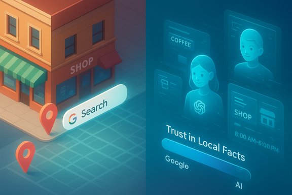 An isometric storefront beside a Google Search panel, illustrating trust in local facts.