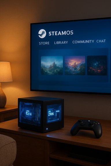 A blue-lit mini PC cube and a gamepad sit on a wooden desk in front of a SteamOS screen.