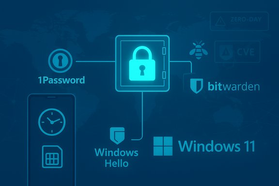 Blue cybersecurity graphic showing a central lock with icons for 1Password, Bitwarden, Windows Hello and Windows 11.