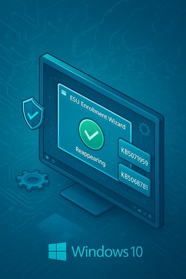 Windows 10 ESU Enrollment Wizard on a monitor shows a green checkmark and status update. Windows 10 ESU Enrollment Wizard on a monitor shows a green checkmark and status update.