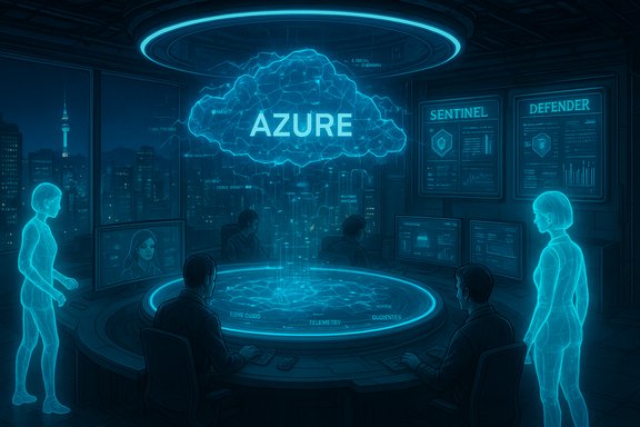 Futuristic command center monitoring the glowing Azure cloud hologram.
