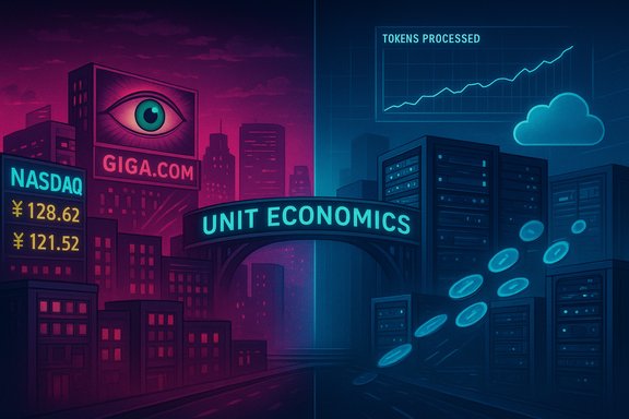 A neon city scene features a UNIT ECONOMICS arch, stock tickers, and data servers.