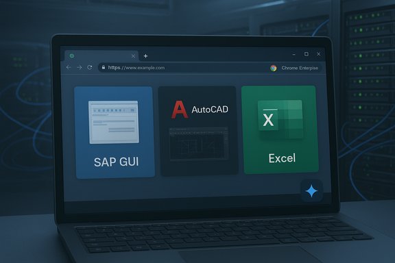 Laptop in a server room displaying SAP GUI, AutoCAD, and Excel tiles in a browser.