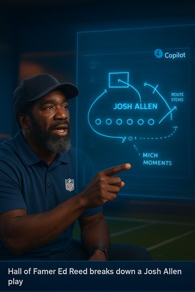 Hall of Famer Ed Reed breaks down a Josh Allen play on a neon blue holographic board.