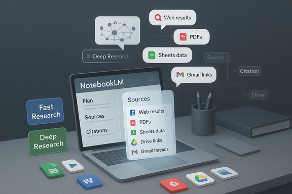 Laptop displays NotebookLM with floating research sources and links (web results, PDFs, sheets data).