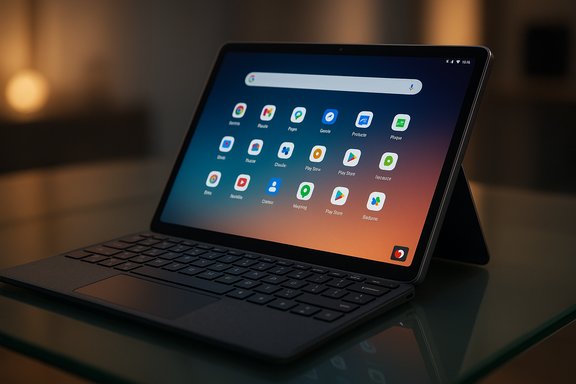 A tablet with a keyboard dock sits on a glass desk, displaying app icons on its screen.