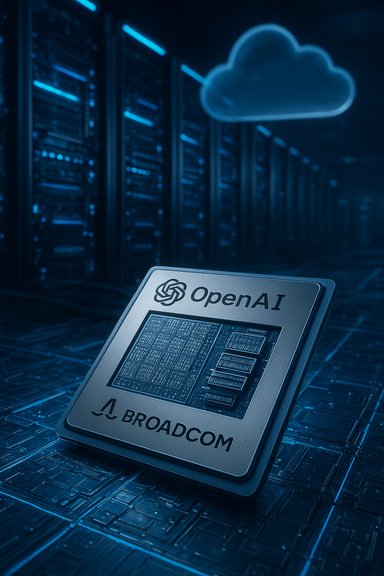 A metal processor module labeled OpenAI and Broadcom sits in a blue-lit data center.