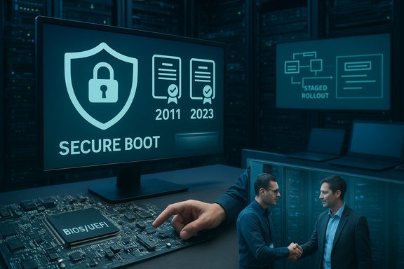 Data center showcases Secure Boot, BIOS/UEFI chip, and a staged rollout plan.