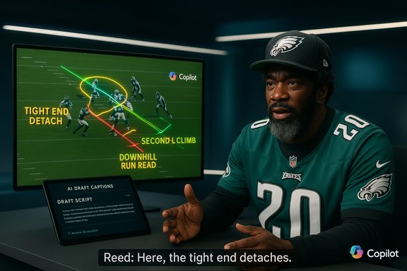 An Eagles player explains a football play on a diagram about a tight end detachment.