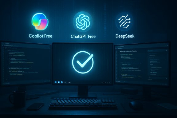 Neon AI logos float above a triple-monitor coding setup with a central checkmark screen.