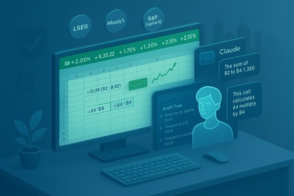 Blue-toned desk setup with a monitor showing a spreadsheet, rising chart, and AI panels.