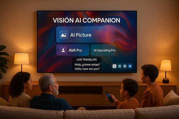 Family on a couch watches a large TV showing AI features and live translation.