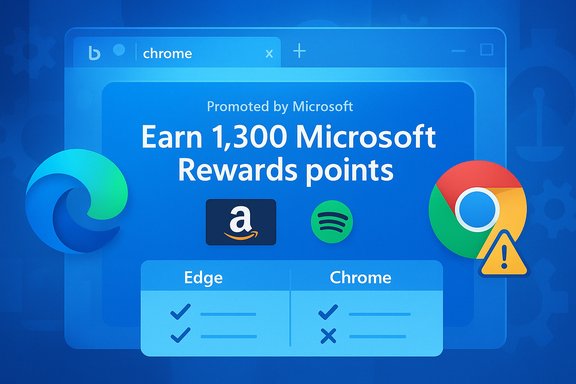 Promoted by Microsoft to earn 1,300 Microsoft Rewards points featuring Edge, Chrome, Amazon, and Spotify logos.